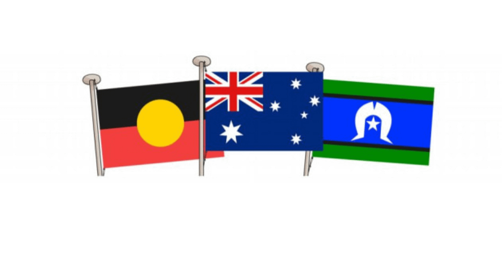 The flags – the Australian Indigenous flat, the Torres Strait Islander flag and the Australian national flag