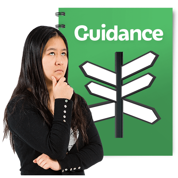 A pensive woman stands in front of a sign saying guidance and showing a signpost pointing in various directions