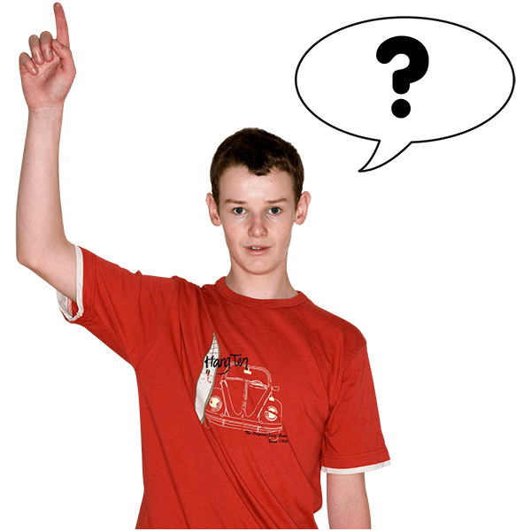 Young man with his hand point upwards and a question mark thought bubble
