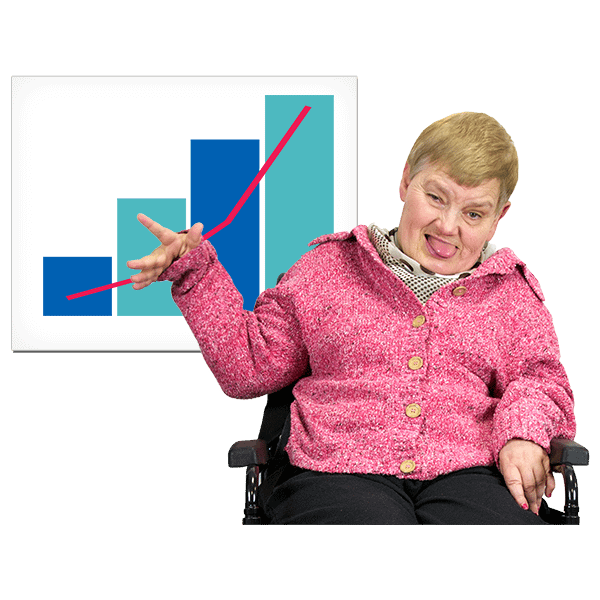 A woman in a wheelchair points to a bar chart behind her