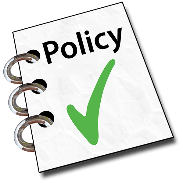 Illustration of a folder with the word policy and a large tick on the cover