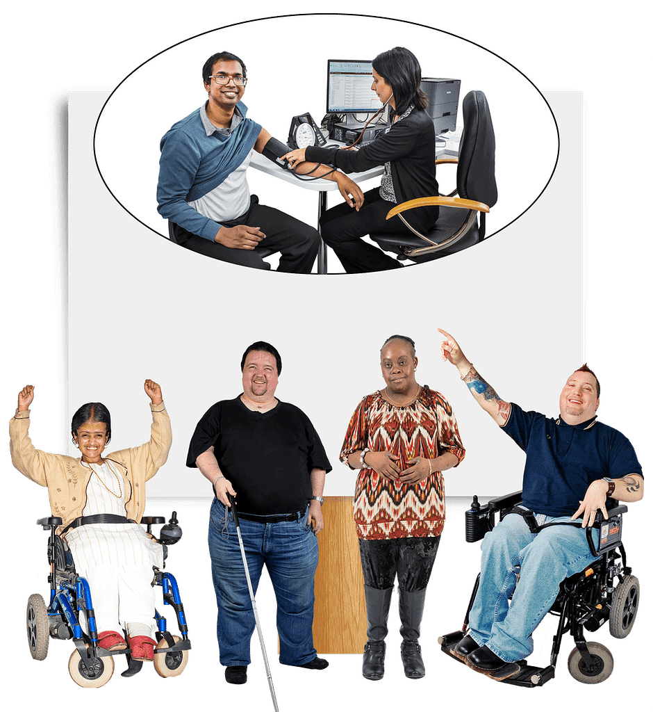 A group of people with disabilities point to a bubble showing a health check up